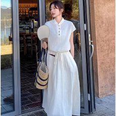 批发新中式国风两件套装纽扣下摆抽绳短袖上衣女松紧腰半身裙夏季套装