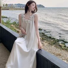 批发原版做法有内里海边度假风法式白色无袖<b class='q'>连衣裙</b>独特绝美巨好看长裙