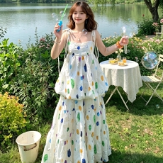 批发原版做法 法式重工彩色波点<b class='q'>童</b>趣肌理感花苞上衣大裙摆半裙<b class='q'>套装</b>女