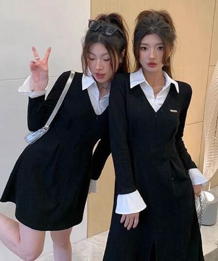 봄 가을 새로운 프랑스식 레트로 슬림해 보이는 작은 대중 디자인 센스 작은 검은 드레스 패션 셔츠 칼라 품격 여성의 아파트 꿀 드레스