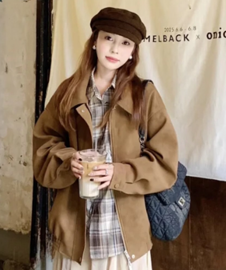 아메리칸 스웨이드 원단 폴로 칼라 여성 코트 가을 겨울 루즈핏 패션 두꺼운 브라운 캐주얼 재킷 맨위