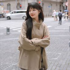 批发原版做法高领纯色宽松型百搭风衣英伦时尚潮流长袖开衫高级感外套