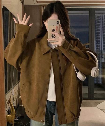 아메리칸 스웨이드 원단 폴로 칼라 여성 코트 가을 겨울 루즈핏 패션 두꺼운 브라운 캐주얼 재킷 맨위