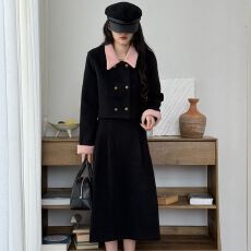 批发秋季新款小香风长袖翻领短款毛呢外套女中长款<b class='q'>显瘦</b>半身裙两件套装