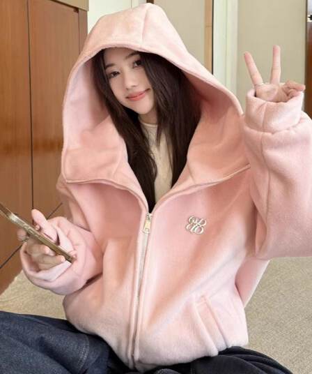 핑크색 후드 여성 가을 겨울철 새로운 폭발 한 부서 고유 한 아름다운 자이언트 잘 생긴 두꺼운 모피 재킷
