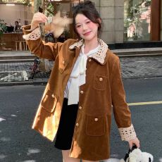 批发有内里 高级超好看复古<b class='q'>大</b>衣美拉德蕾丝拼接麂皮绒<b class='q'>风衣</b>外套<b class='q'>女</b>
