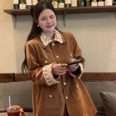 批发有内里 复古美拉德鹿皮绒棕色假两件拼接领子宽松百搭<b class='q'>中长款</b>