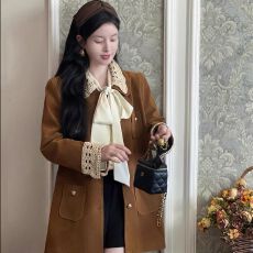 批发有内里 复古蕾丝棕色外套女秋冬季美拉德翻领工装小香风上衣