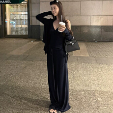 批发懒人套装黑色长袖开衫内搭<b class='q'>吊带</b>背心女早秋休闲裤阔腿直筒裤三件套