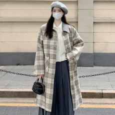 批发原版做法赫本风时尚百搭格子毛呢外套中长款宽松显瘦呢子开衫风衣