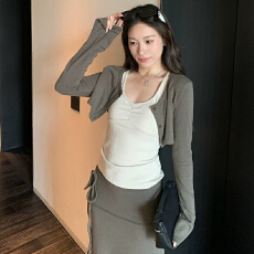 批发原版做法韩系减龄高级感套装女修身短款开衫吊带半身裙套装三件套