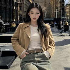 批发机车风麂皮绒外套女<b class='q'>秋</b>季女装酷飒风翻领修身工装短款夹克