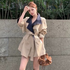 批发原版做法气质撞色中长款风衣外套女新款韩版系带收腰显瘦时尚大衣