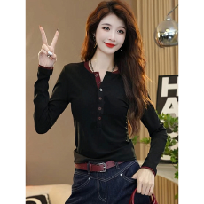 批发高级感黑色假两件长袖T恤女春秋<b class='q'>冬</b>大码内搭打底衫欧洲站欧货上衣