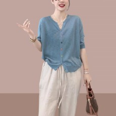 批发欧货粉色冰丝针织开衫T恤<b class='q'>女</b>夏季薄款大码宽松遮肚显瘦v领半袖上衣