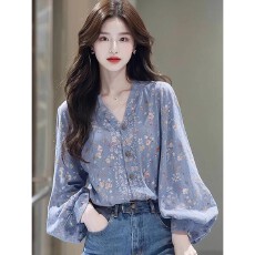 批发初秋法式绝美独特淑女气质森系蓝色<b class='q'>碎花</b>长袖<b class='q'>衬衫</b>上衣女宽松慵懒风