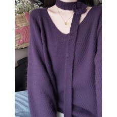 批发慵懒紫色立体花朵飘带套头毛衣女2025秋冬新款韩系氛围感绝美上衣