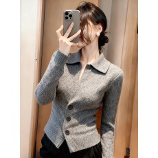 批发韩版时尚灰色翻领套头毛衣女2025秋冬新款轻熟小众修身显瘦上衣服