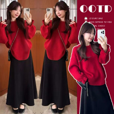批发<b class='q'>孕妇装</b>2025秋冬加厚套装慵懒风圣诞过年红色毛衣上衣+半身裙