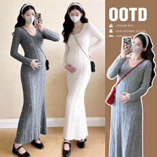 批发孕妇春装高级设计手工钉珠法式茶歇裙修身<b class='q'>百搭</b>打底连衣裙