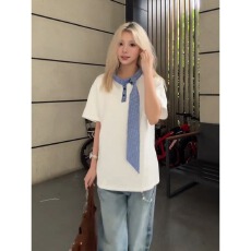 批发美式假两件领口拼接t恤男夏季设计感重磅正肩短<b class='q'>袖</b>cleanfit<b class='q'>半截</b><b class='q'>袖</b>