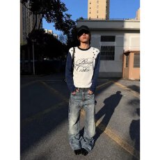 批发新款潮流简约女装T恤重磅印花长袖户外出游美式圆领内搭打底上衣