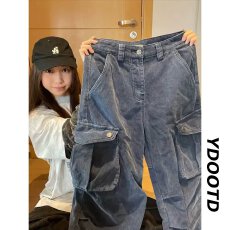批发简约潮流美式高街侧边宽松阔腿工装裤女潮牌设计感多口袋休闲<b class='q'>裤子</b>