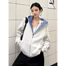 批发开衫连帽<b class='q'>卫衣</b>外套<b class='q'>女</b>秋冬2025新款大码<b class='q'>女</b>装拼接格子设计感宽松上衣