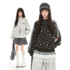 批发千禧风满印星星立领运动<b class='q'>卫衣</b><b class='q'>女</b>生秋冬季显瘦百搭条纹黑色开衫外套