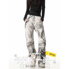 批发美式高街<b class='q'>白</b>色脏染微喇牛仔裤女水洗小众视觉系喇叭直筒<b class='q'>裤子</b>夏季