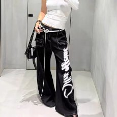 批发美式微喇<b class='q'>牛仔裤</b>女款冬季vibe显高显瘦千鸟格拼接裤子痞帅休闲长裤