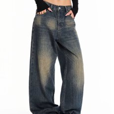 批发美式复古水洗做旧大码<b class='q'>牛仔裤</b>女秋季设计感宽松直筒阔腿裤高街潮