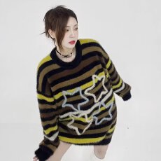 批发2024秋冬新款韩版豹纹印花V领长袖套头毛衣<b class='q'>女</b>慵懒风马海毛毛衣潮