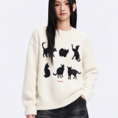 批发美式复古慵懒风小猫提花圆领毛衣<b class='q'>女</b>情侣套头针织衫秋冬外套潮流