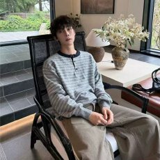 批发2026美式复古条纹长袖T恤<b class='q'>女</b>潮牌拼色休闲亨利领打底衫上衣