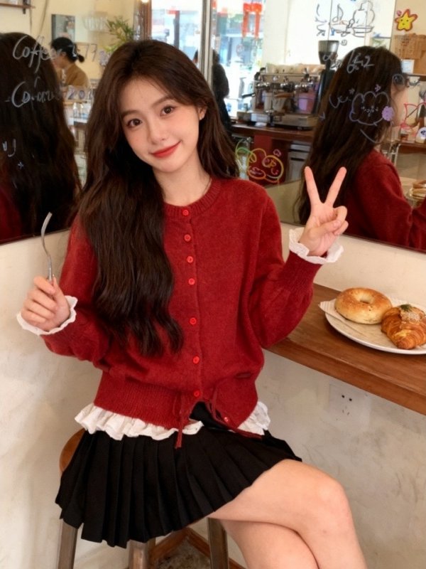 레이스 패치워크 빨간색 스웨터 레이스업 허리 수축 디자인 루즈핏 니트 오픈 가디건 달콤함 라운드 넥 긴팔 외부 잡아라. 의류
