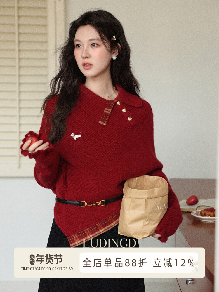 신년 빨간색 불규칙 폴로 칼라 긴팔 스웨터 여자 가을 겨울 새로운 착용 가져 가라. 분위기 센스 루즈핏 니트 스웨터 맨위