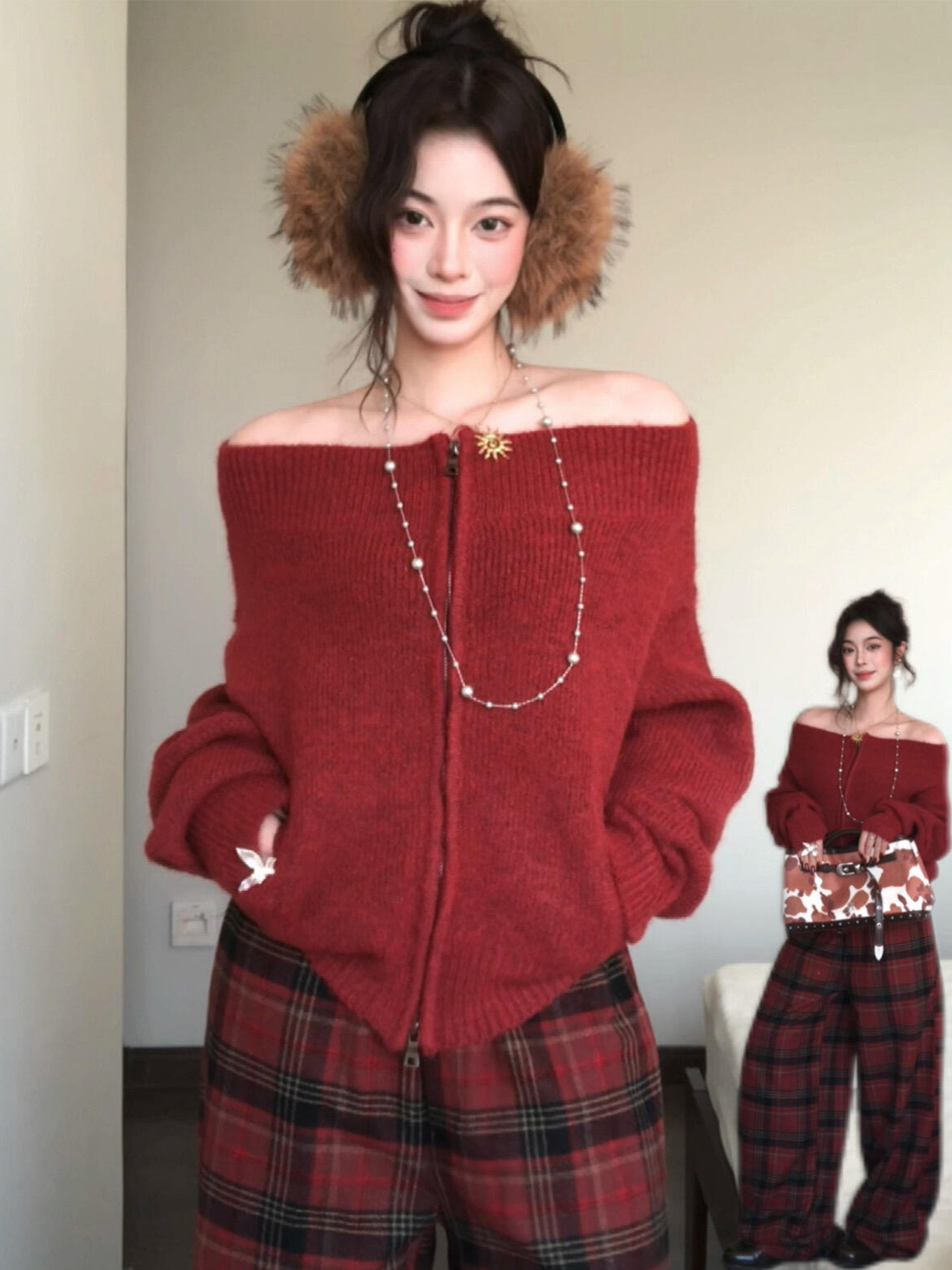 한 부서 빨간색 오프숄더 스웨터 여자 가을 겨울철 루즈핏 느긋한 핫걸 오프숄더 긴팔 니트 스웨터 카디건 코트