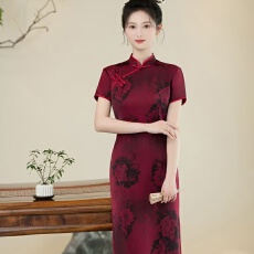 批发高贵气质夏季时尚碎花旗袍长裙妈妈装收腰遮肚显瘦开叉过膝<b class='q'>连衣裙</b>