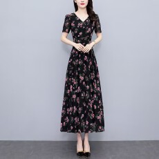 批发<b class='q'>高档</b>气质碎花印花<b class='q'>连衣裙</b>新款夏季短袖中长款修身显瘦洋气妈妈裙子