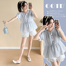 批发实拍新款孕妇<b class='q'>夏</b>宽松显瘦娃娃衫蕾丝花边时尚潮妈百搭上衣