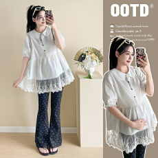 批发实拍新款孕妇<b class='q'>夏</b>宽松显瘦娃娃领拼接蕾丝花边高级感时尚百搭上衣