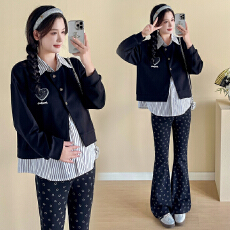 批发实拍新款孕妇秋宽松显瘦条纹拼接气质潮妈假两件套时尚百搭上衣