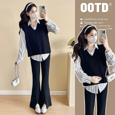 批发实拍新款孕妇宽松显瘦条纹衬衫针织背心气质潮妈时尚百搭两件套