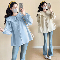 批发实拍新款孕妇宽松显瘦娃娃领气质潮妈时尚百搭上衣有口袋