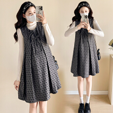 批发实拍新款孕妇宽松显瘦灰色蝴蝶结百褶背心+打底时尚潮妈两件套