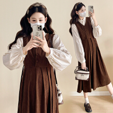 批发实拍新款孕妇宽松显瘦衬衬衫+灯芯绒背心气质潮妈两件套连衣裙