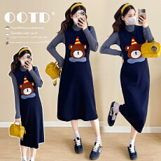 批发实拍新款孕妇秋冬宽松显瘦针织时尚潮妈卡通两件套连衣裙