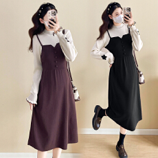 批发实拍新款孕妇秋冬咖色显瘦时尚潮妈百搭连衣裙