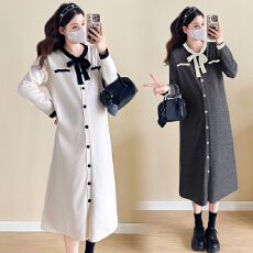 批发实拍新款孕妇秋冬针织中长宽松显瘦撞色蝴蝶结系带气质潮妈连衣裙